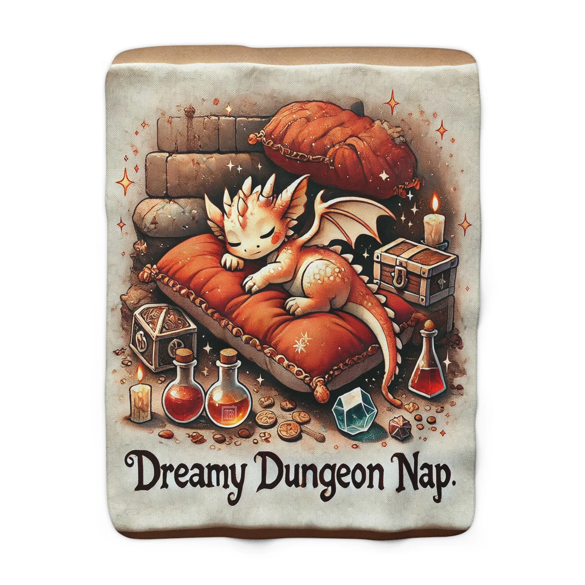 Plush fleece blanket with fantasy dungeon artwork, hemmed edges, and soft texture